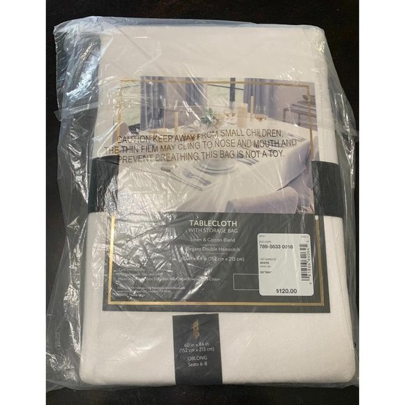 New Linen Cotton White Tablecloth Fieldcrest Rectangle 60" x 84" Herringbone - Picture 3 of 7